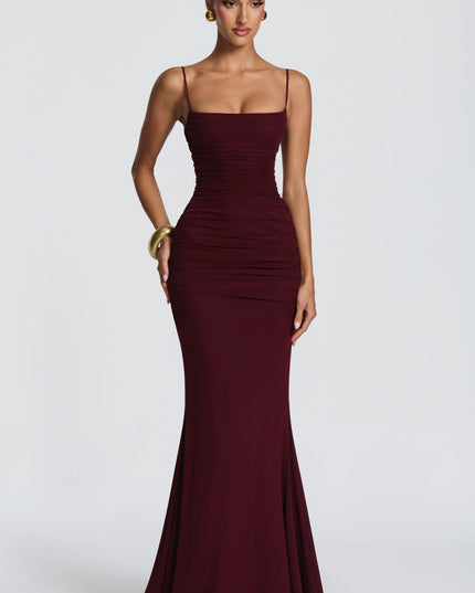 Burgundy ruched maxi dress closeup with spaghetti straps and straight neckline