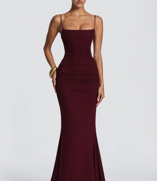 Burgundy ruched maxi dress closeup with spaghetti straps and straight neckline