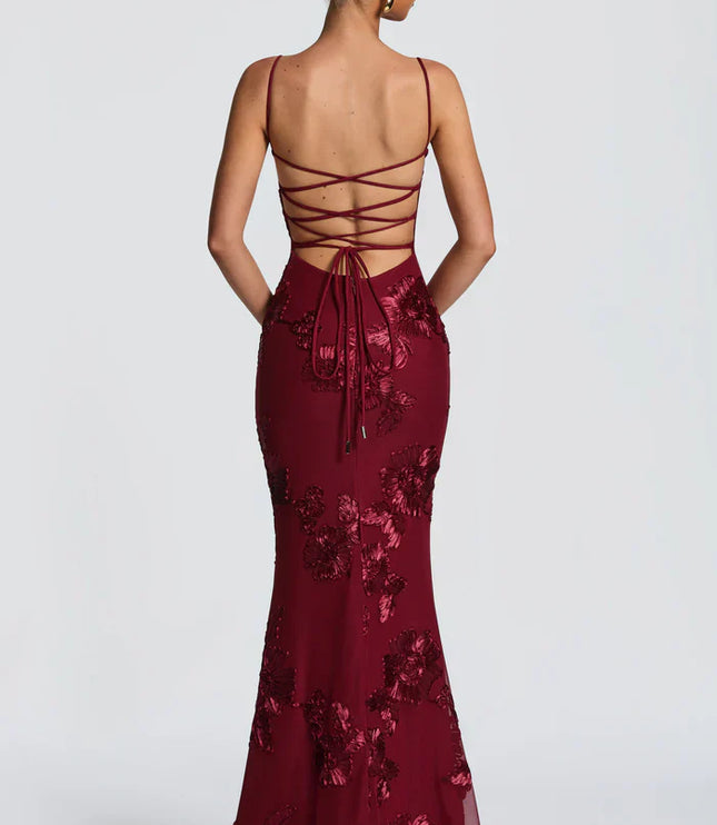 Burgundy lace maxi dress back view with strappy open back and tie detail