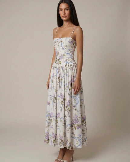 Ivory floral corset midi dress with spaghetti straps and gathered skirt, front view summer dress