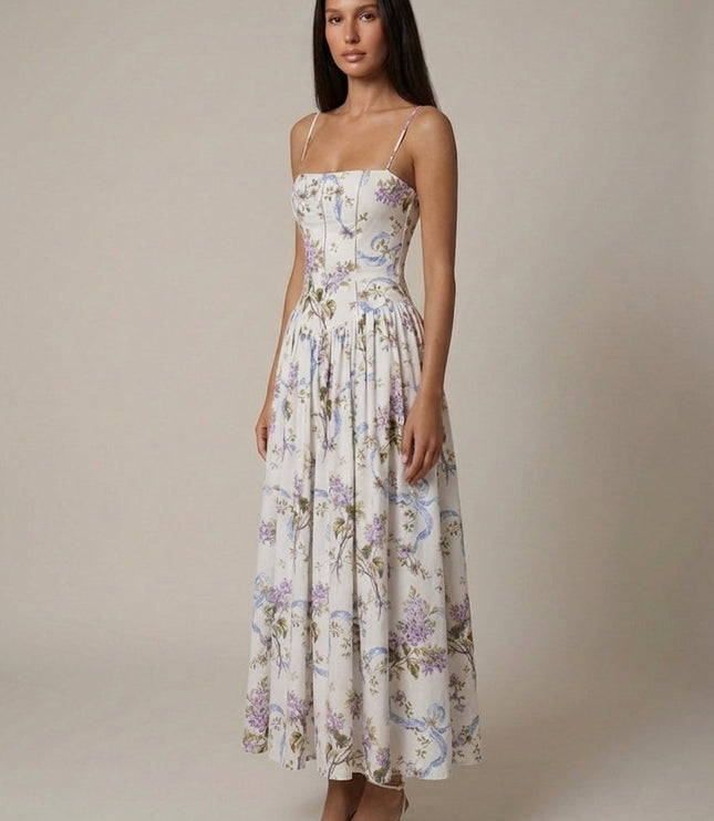 Ivory floral corset midi dress with spaghetti straps and gathered skirt, front view summer dress