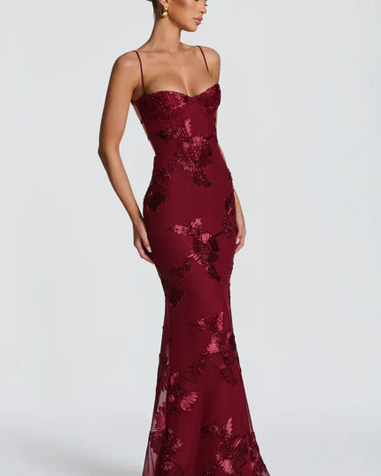 Burgundy lace maxi dress side view with sweetheart bustier bodice and thin straps