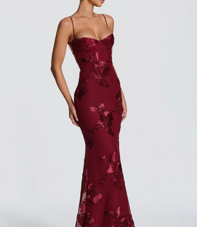 Burgundy lace maxi dress side view with sweetheart bustier bodice and thin straps