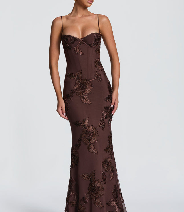 Chocolate brown lace maxi dress front view with sweetheart corset bodice and floral lace