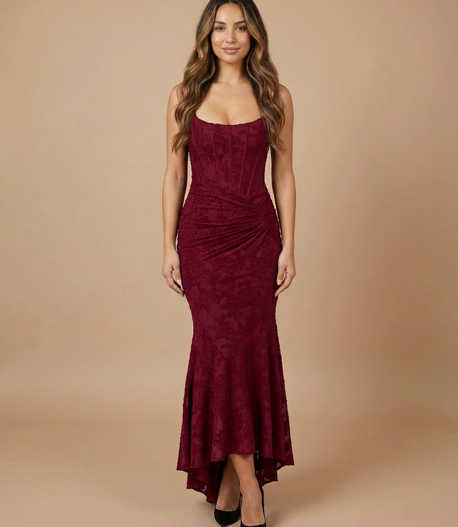 Burgundy lace midi dress with square neckline, corset-style bodice, and draped waist front