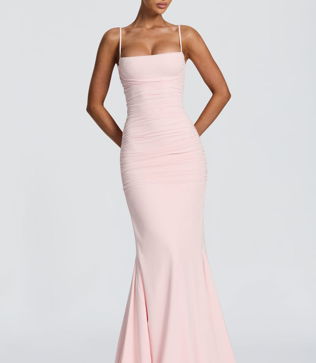 Burgundy ruched maxi dress full length front view with floor-sweeping hem train