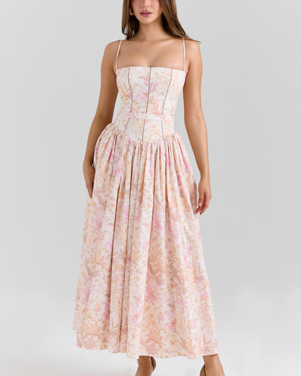 Blush pink floral corset midi dress with straight neckline and thin straps, front view