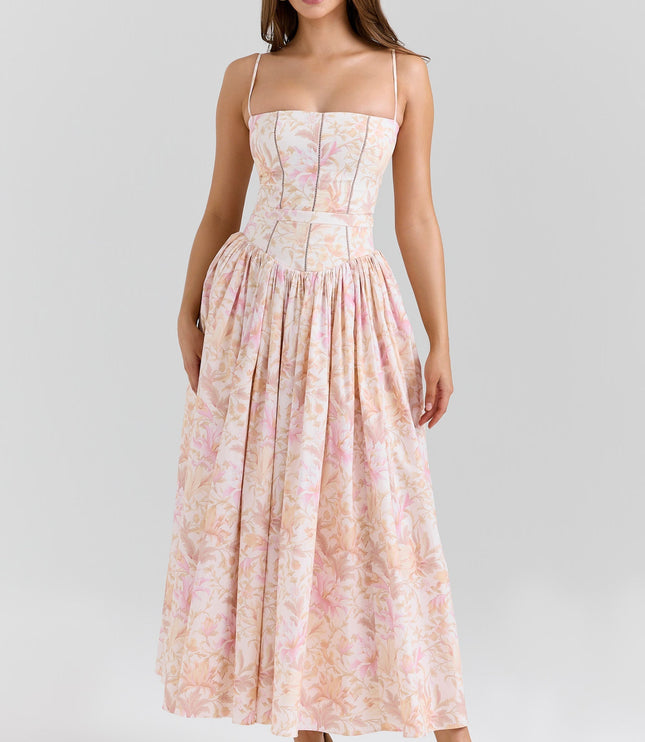 Blush pink floral corset midi dress with straight neckline and thin straps, front view