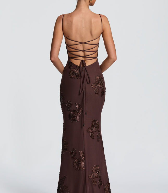 Chocolate brown lace maxi dress back view with crisscross straps and long tie at waist