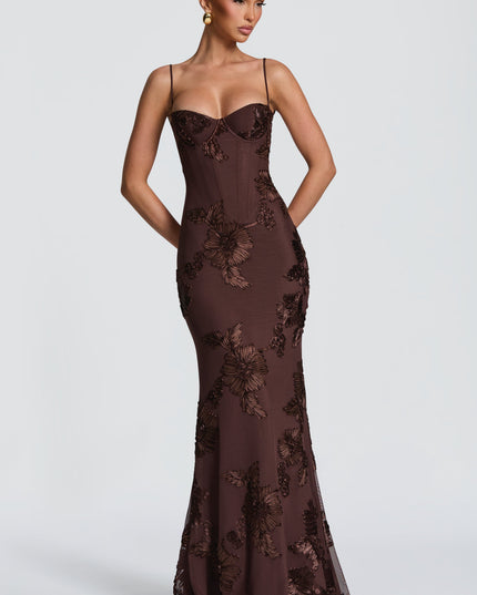 Chocolate brown lace maxi dress three-quarter view with sweetheart neckline and sheer lace