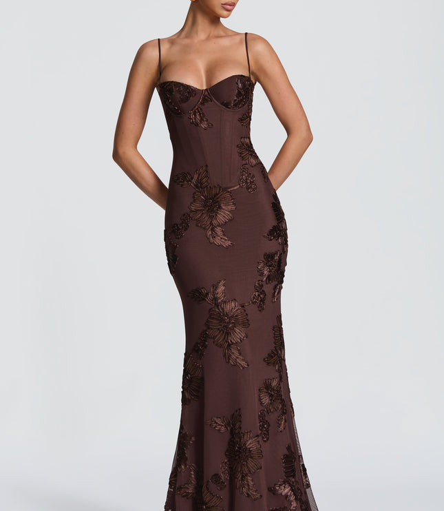 Chocolate brown lace maxi dress three-quarter view with sweetheart neckline and sheer lace