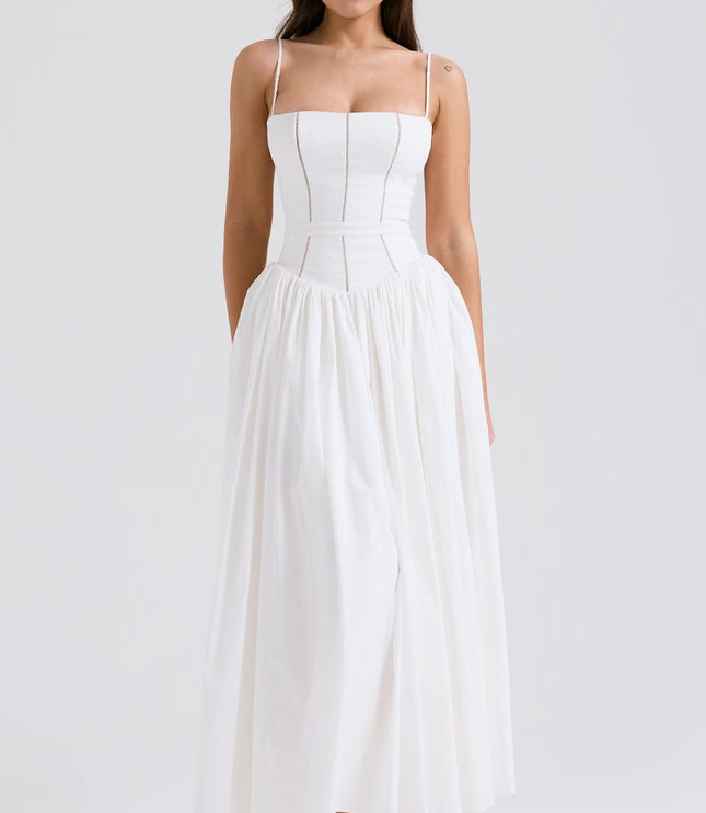 White corset midi dress with spaghetti straps and full skirt, clean front view summer dress