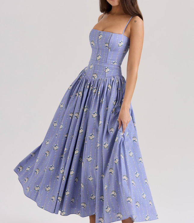 Lavender floral corset midi dress with spaghetti straps and gathered skirt, front three-quarter view