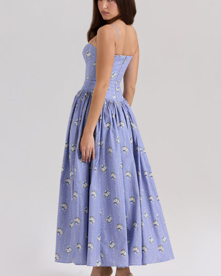 Lavender floral corset midi dress with fitted bodice and full skirt, back three-quarter view
