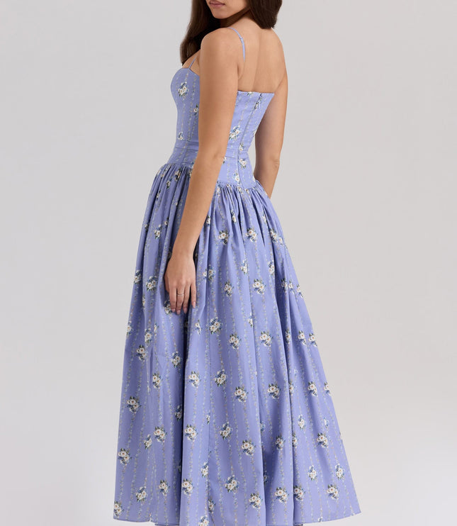 Lavender floral corset midi dress with fitted bodice and full skirt, back three-quarter view