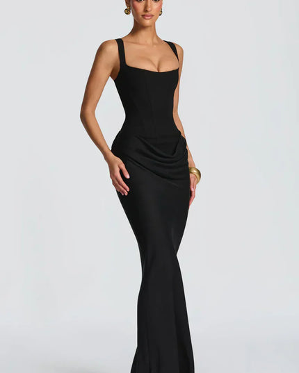 Black square neck corset maxi dress with fitted bodice and draped hip detail front view