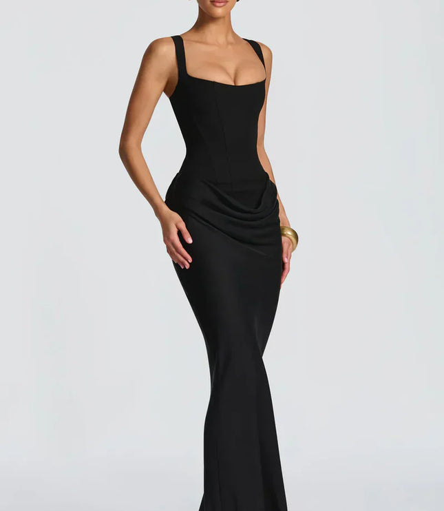 Black square neck corset maxi dress with fitted bodice and draped hip detail front view