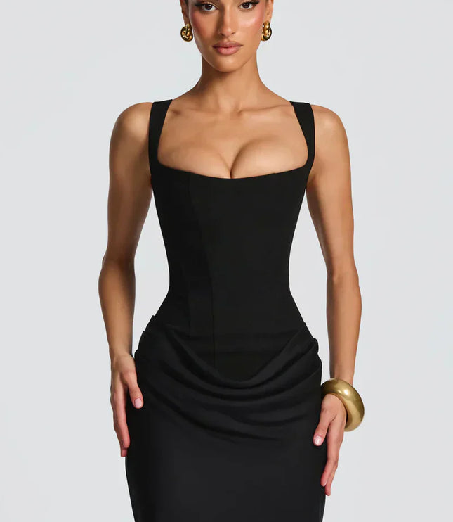 Black square neck corset maxi dress shown in a three-quarter view with straps and long skirt