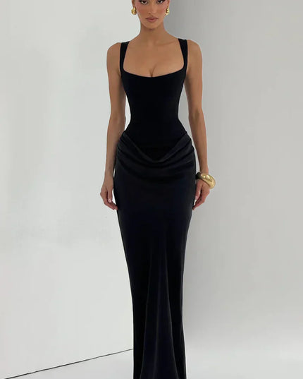 Black square neck corset maxi dress with draped hip detail, front view