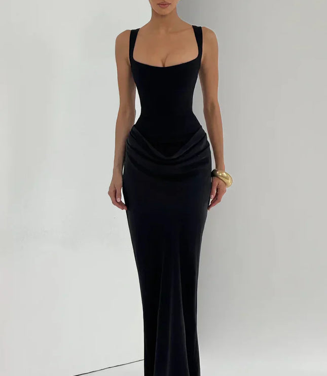 Black square neck corset maxi dress with draped hip detail, front view