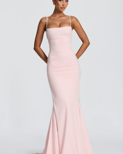 Blush pink ruched maxi dress with spaghetti straps and straight neckline, front view summer dress