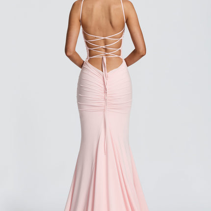 Blush pink ruched maxi dress with spaghetti straps and straight neckline, front view summer dress