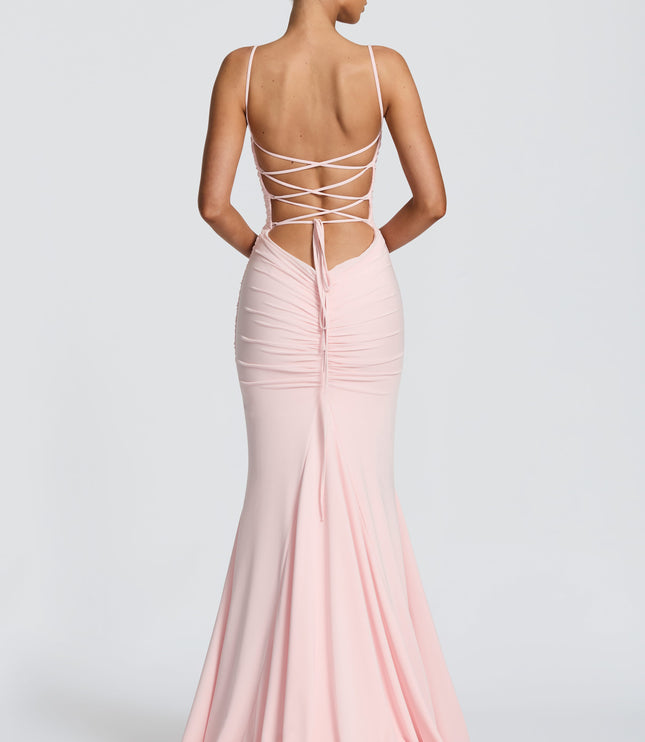 Blush pink ruched maxi dress with spaghetti straps and straight neckline, front view summer dress