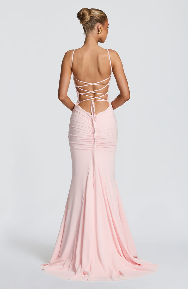 Blush pink ruched maxi dress with spaghetti straps and straight neckline, front view summer dress