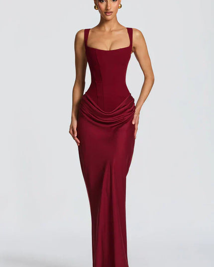 Burgundy square neck corset maxi dress with sculpted bodice and soft draped hip detail