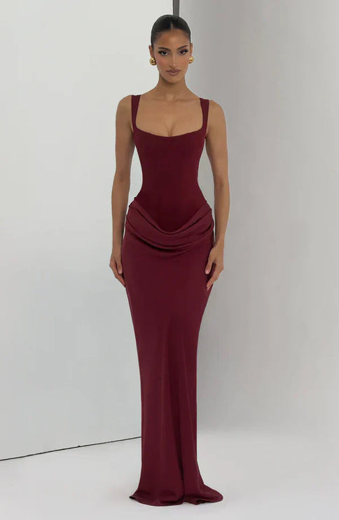 Burgundy square neck corset maxi dress in a full front view with sleek column skirt