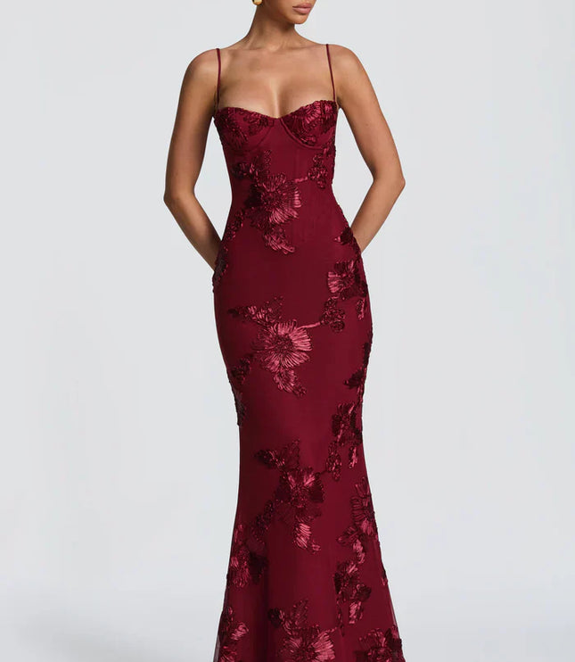 Burgundy lace maxi dress with floral appliqué and sweetheart bustier neckline, front view