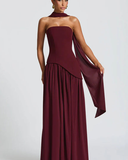 Burgundy halter maxi dress with strapless bodice, draped scarf tie, and full skirt