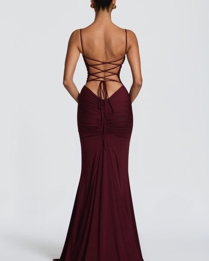 Burgundy ruched maxi dress with spaghetti straps and straight neckline, front view summer dress