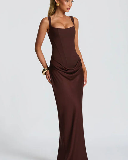 Chocolate brown corset maxi dress with square neckline and ruched drape at the hips front closeup