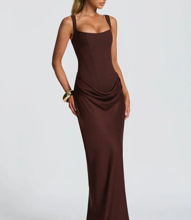 Chocolate brown corset maxi dress with square neckline and ruched drape at the hips front closeup
