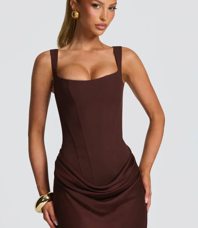 Close-up of chocolate brown square neck corset maxi dress showing structured bodice and neckline