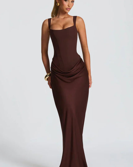 Chocolate brown square neck corset maxi dress with fitted bodice and draped skirt front view