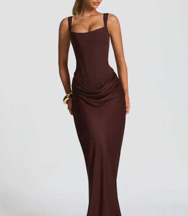 Chocolate brown square neck corset maxi dress with fitted bodice and draped skirt front view