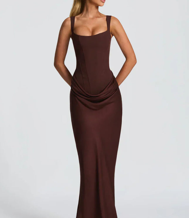 Chocolate brown square neck corset maxi dress styled straight on with straps and draped waist
