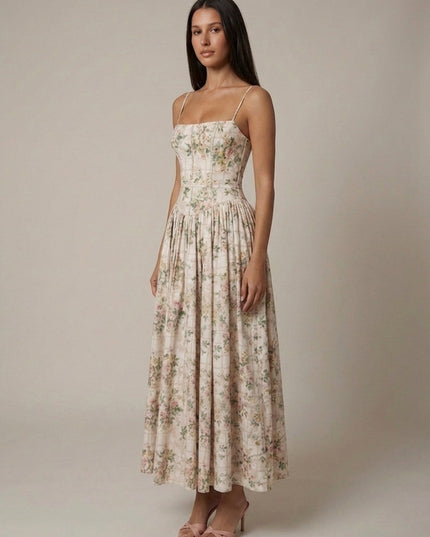 Cream floral corset midi dress with structured bodice and full midi skirt, angled front view