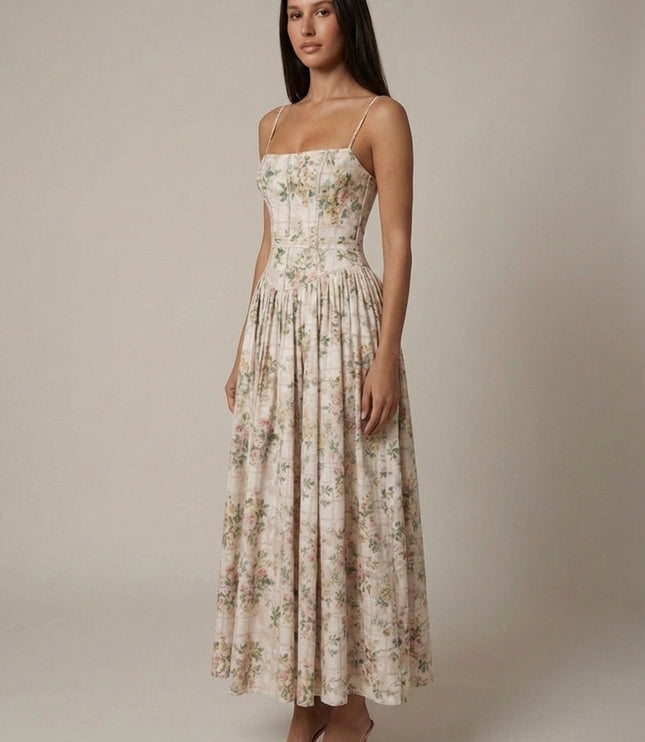 Cream floral corset midi dress with structured bodice and full midi skirt, angled front view