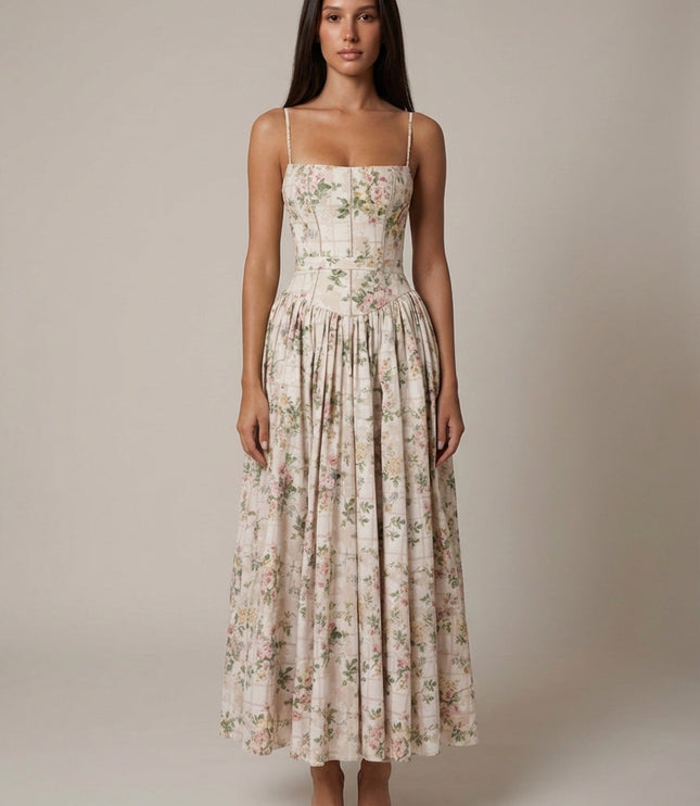 Cream floral corset midi dress with subtle grid print, spaghetti straps, front view summer dress