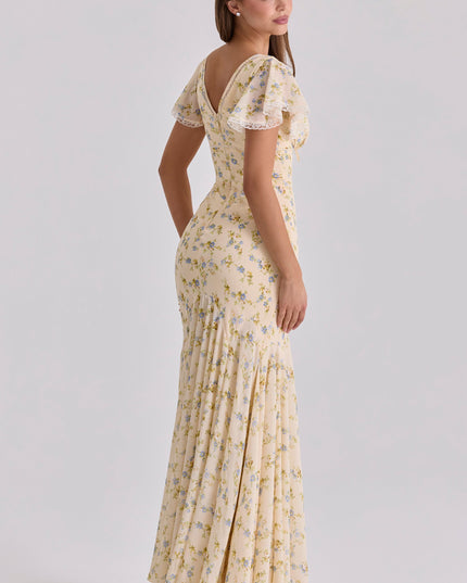 Cream floral lace v-neck maxi dress with open back, flutter sleeves, and full-length rear view