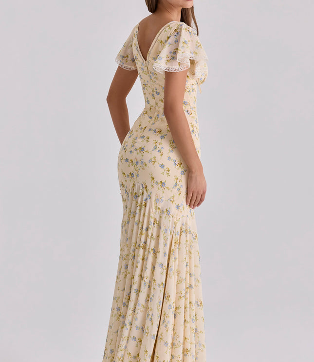Cream floral lace v-neck maxi dress with open back, flutter sleeves, and full-length rear view