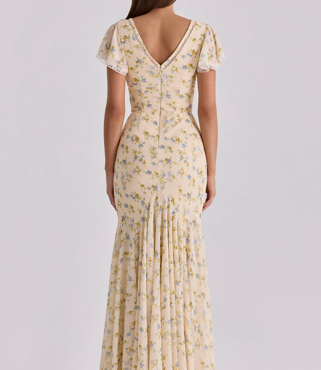 Cream floral lace v-neck maxi dress from back angle, showing fitted waist and flowing skirt