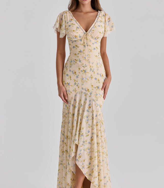 Cream floral lace v-neck maxi dress with flutter sleeves and front slit, full length front view