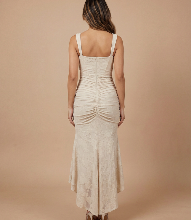 Cream lace midi dress back view with wide straps, center zipper, ruched back detail and flared skirt
