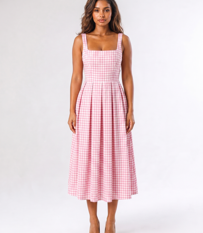 AI-generated front view of women's pink gingham square neck midi dress with pleated A-line skirt