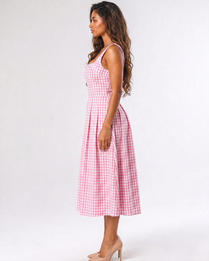 AI-generated side view of women's pink gingham square neck midi dress showing dress silhouette