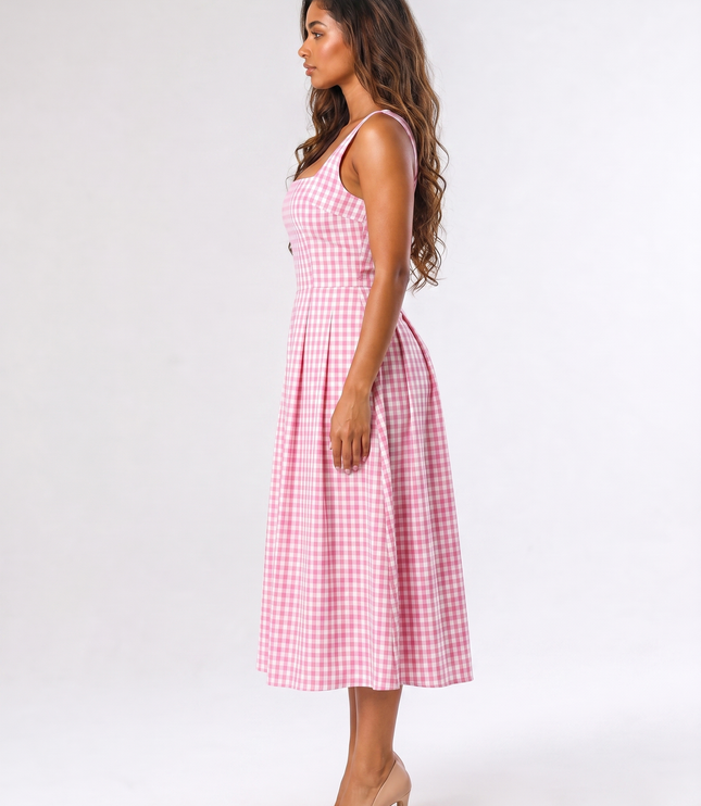AI-generated side view of women's pink gingham square neck midi dress showing dress silhouette
